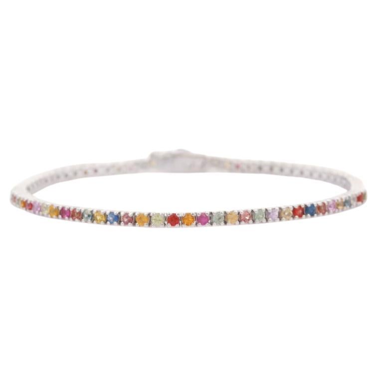 925 Sterling Silver Multi Sapphire Line Bracelet for Her, Valentine Gift  For Sale