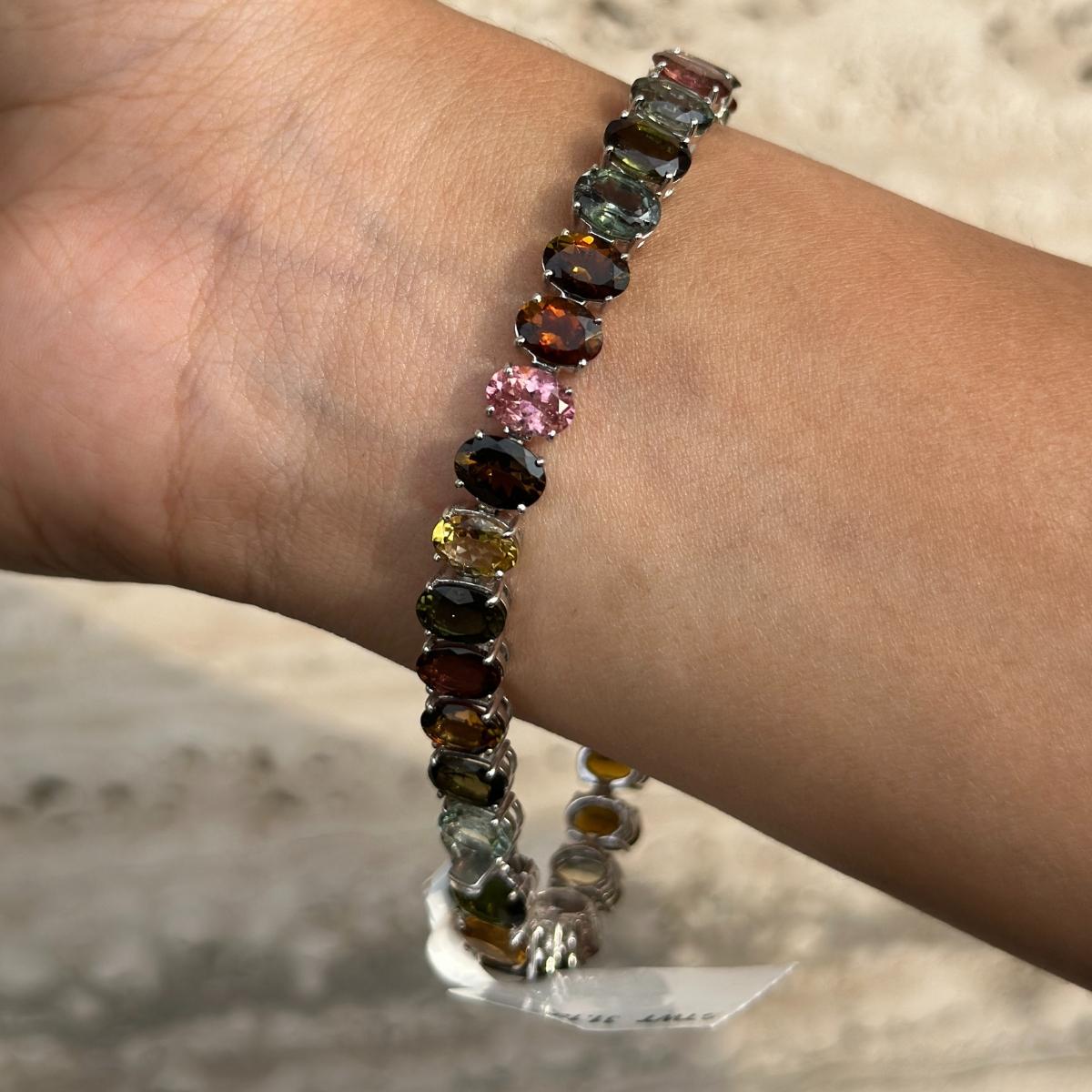 925 Sterling Silber Multi Turmalin Edelstein Tennisarmband für Oma Geschenk (Ovalschliff) im Angebot