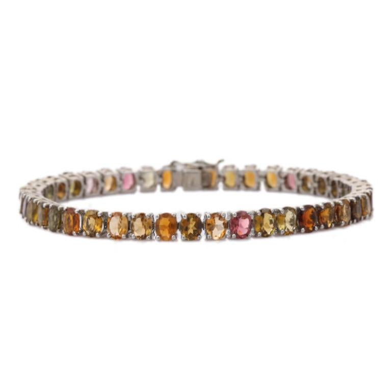 Taille ovale Bracelet tennis en argent sterling 925 avec tourmalines multi-tourmalines, cadeau de grand-mère en vente