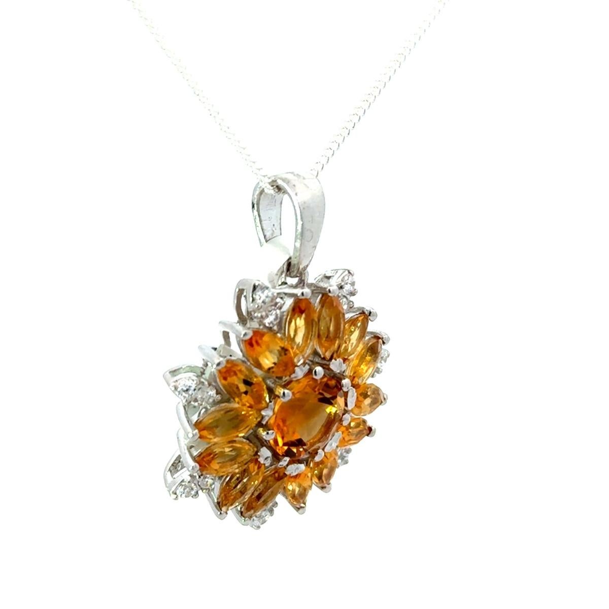 Art Deco 925 Sterling Silver Natural Citrine Flower Halo Pendant Necklace for Her For Sale