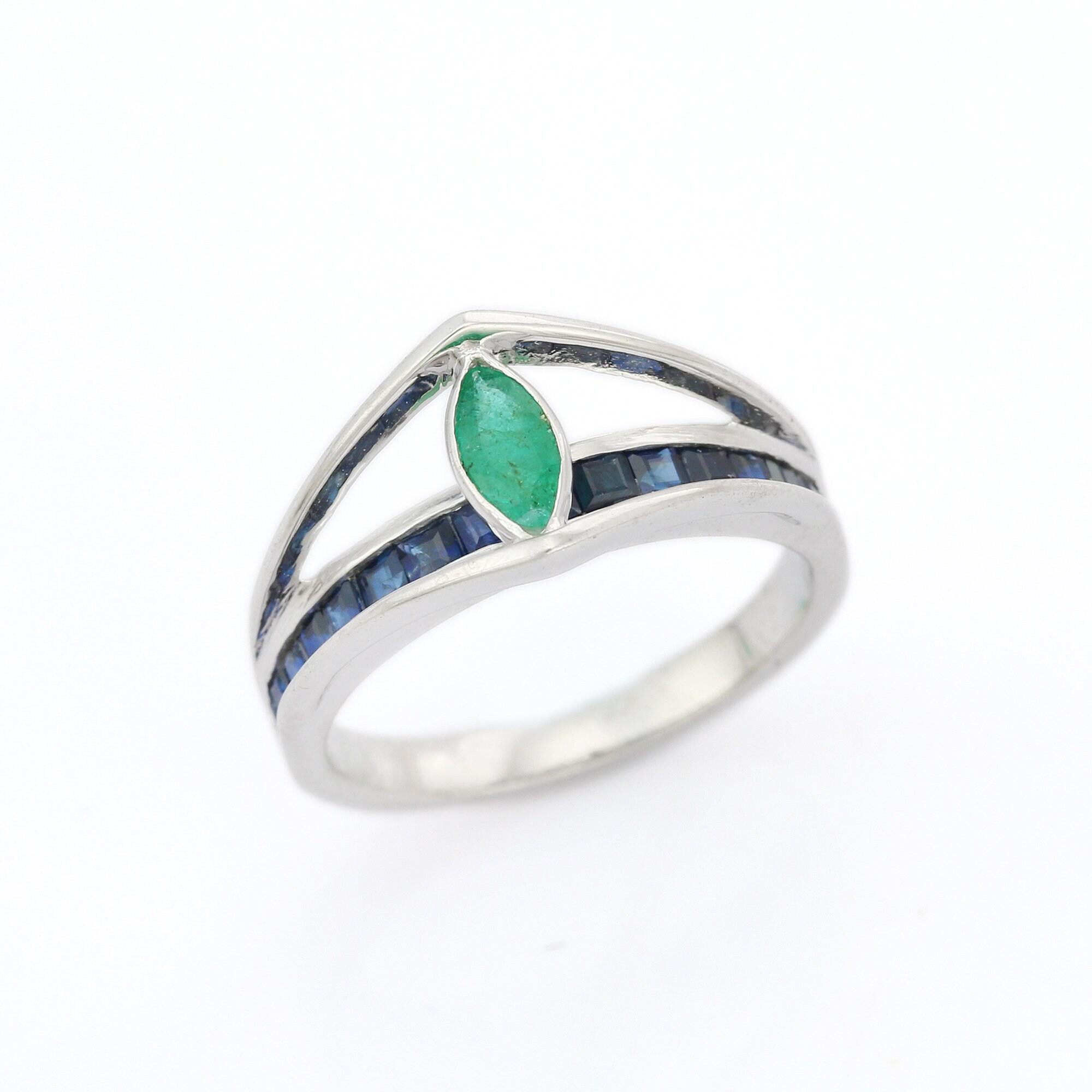 For Sale:  925 Sterling Silver Natural Emerald and Sapphire Ring, Christmas Gifts 8