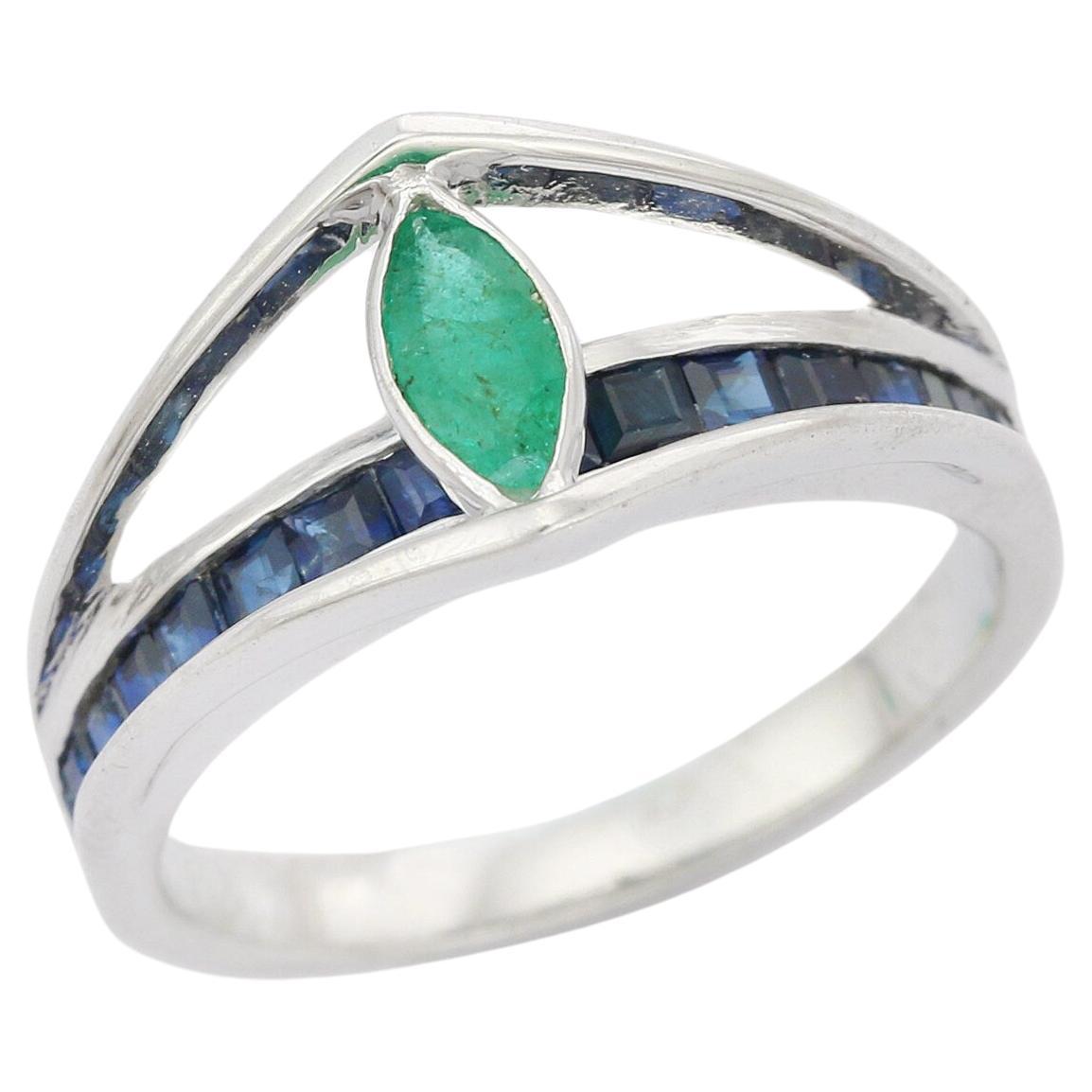 For Sale:  925 Sterling Silver Natural Emerald and Sapphire Ring, Christmas Gifts