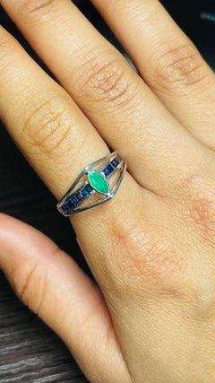 Natural Emerald and Sapphire Unisex Ring for Him in 925 Silver Jewelry