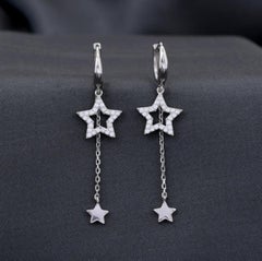 925 Sterling Silver Natural Pave Diamond Earrings Star Design Drop Earrings Gift