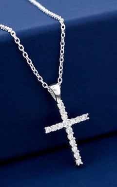 925 Sterling Silver Natural Pave Diamond Necklace Cross Shaped Pendant Gift.