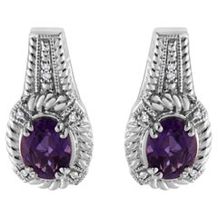 .925 Sterling Silver Natural Purple Amethyst & Diamond Drop & Dangle Earrings