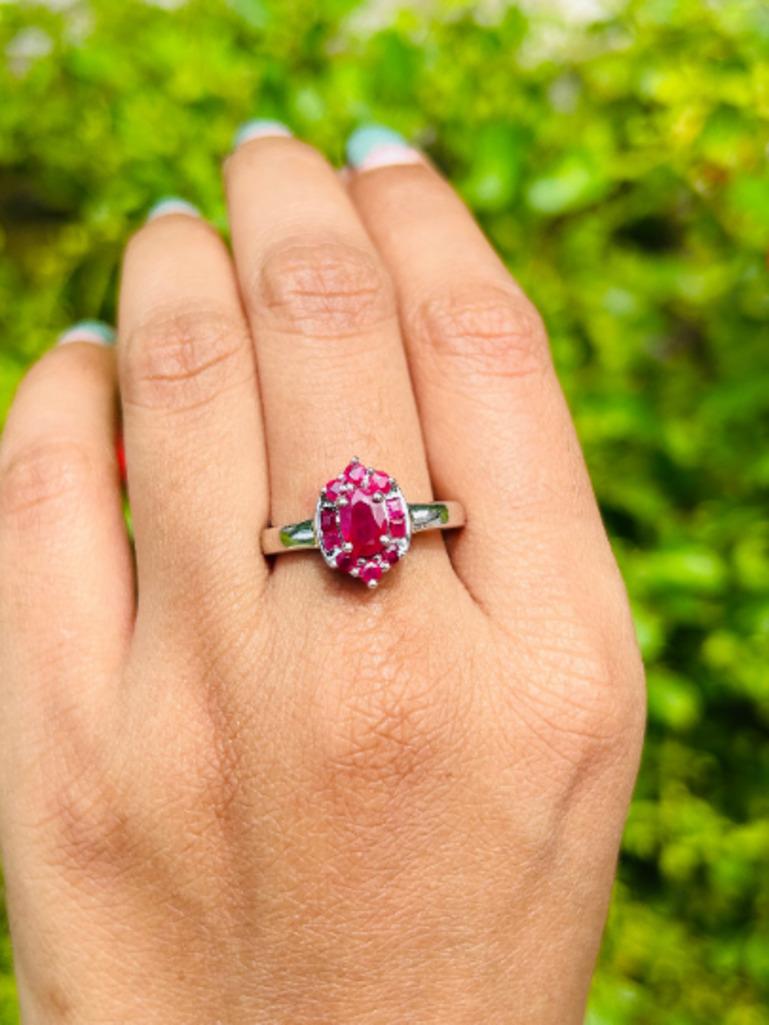 For Sale:  .925 Sterling Silver Natural Ruby Halo Cluster Ring for Her 2