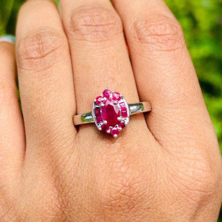 For Sale:  .925 Sterling Silver Natural Ruby Halo Cluster Ring for Her 6