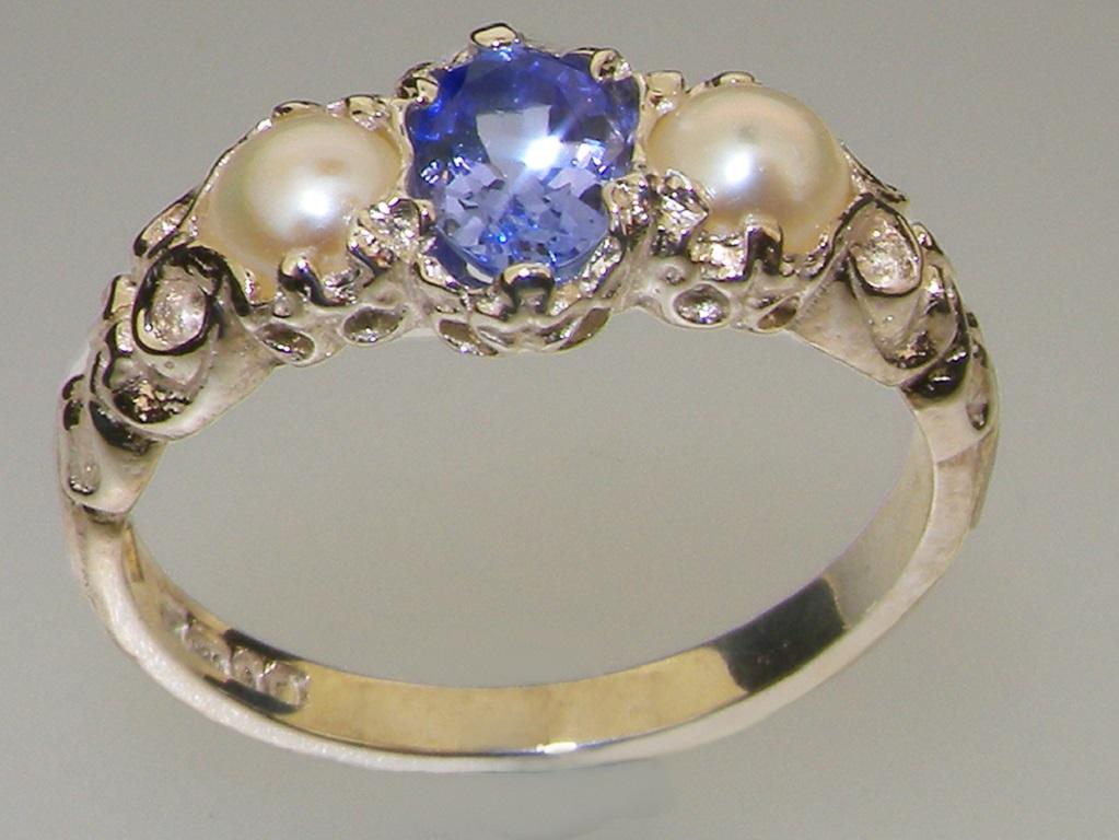 For Sale:  925 Sterling Silver Natural Tanzanite & Pearl Womens Trilogy Ring Customizable 2