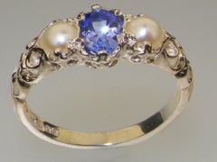 925 Sterling Silver Natural Tanzanite & Pearl Womens Trilogy Ring Customizable