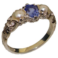 925 Sterling Silver Natural Tanzanite & Pearl Womens Trilogy Ring Customizable