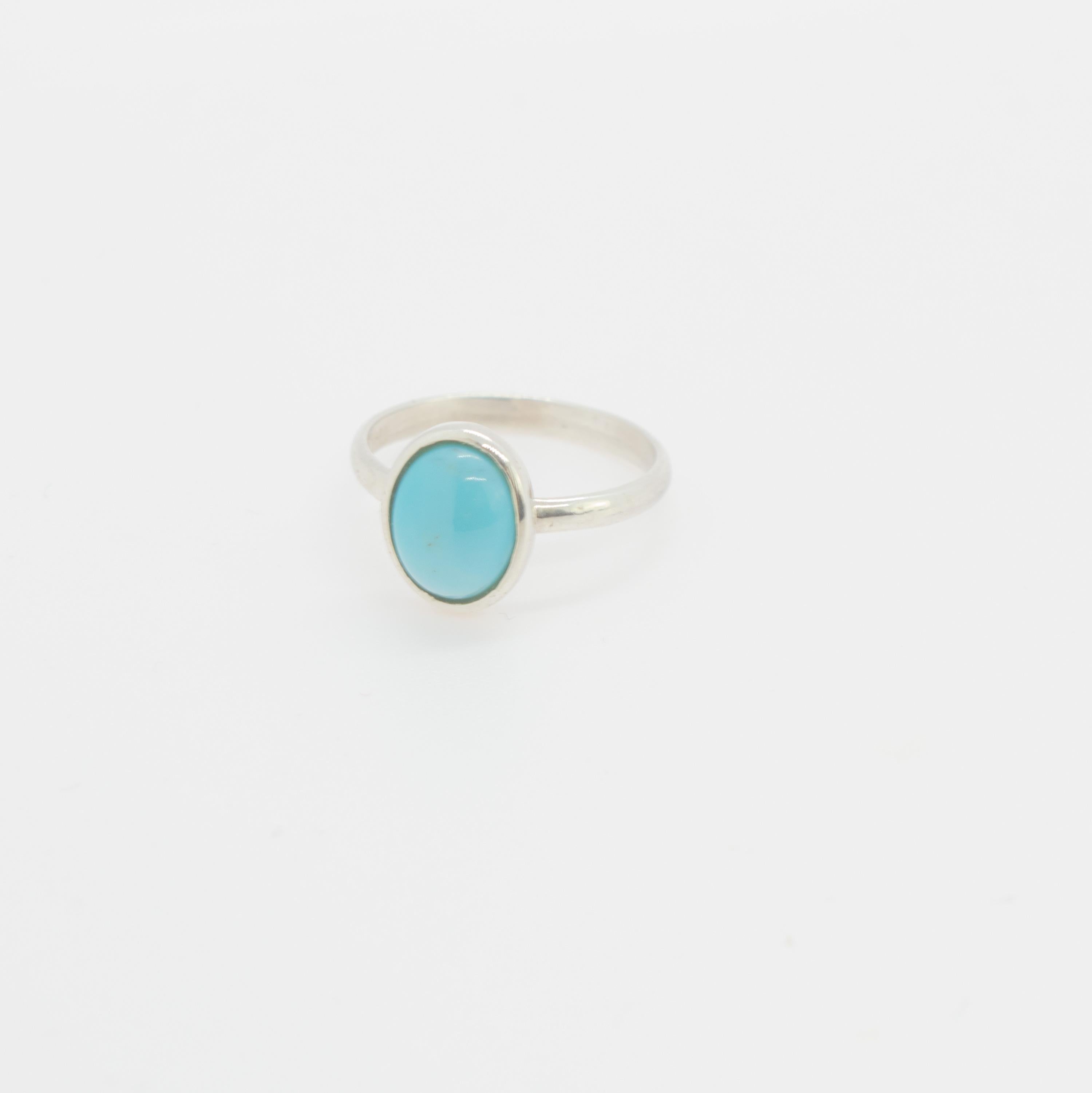 Art Nouveau 925 Sterling Silver Natural Turquoise Oval Cabochon Solitaire Cocktail Ring For Sale