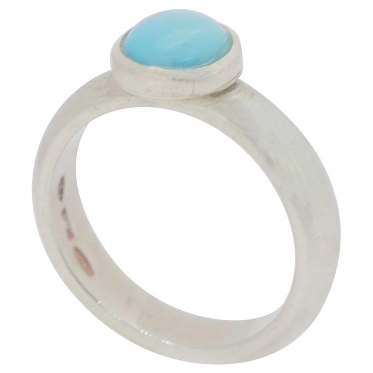925 Sterling Silver Natural Turquoise Round Cabochon Cocktail Solitaire Ring For Sale