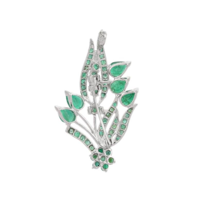 Mixed Cut 925 Sterling Silver Nature Inspired Unisex Emerald Brooch For Sale