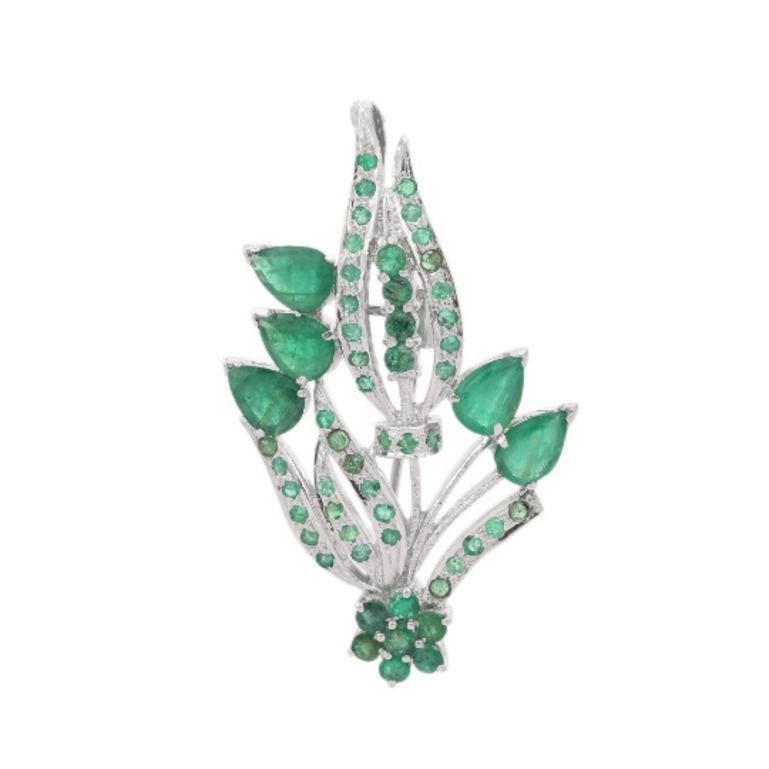 925 Sterling Silver Nature Inspired Unisex Emerald Brooch In New Condition For Sale In Houston, TX