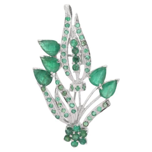 925 Sterling Silver Nature Inspired Unisex Emerald Brooch For Sale