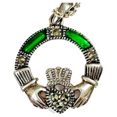 925 Sterling Silver Necklace with Marcasite and Green Enamel Pendant Stamped
