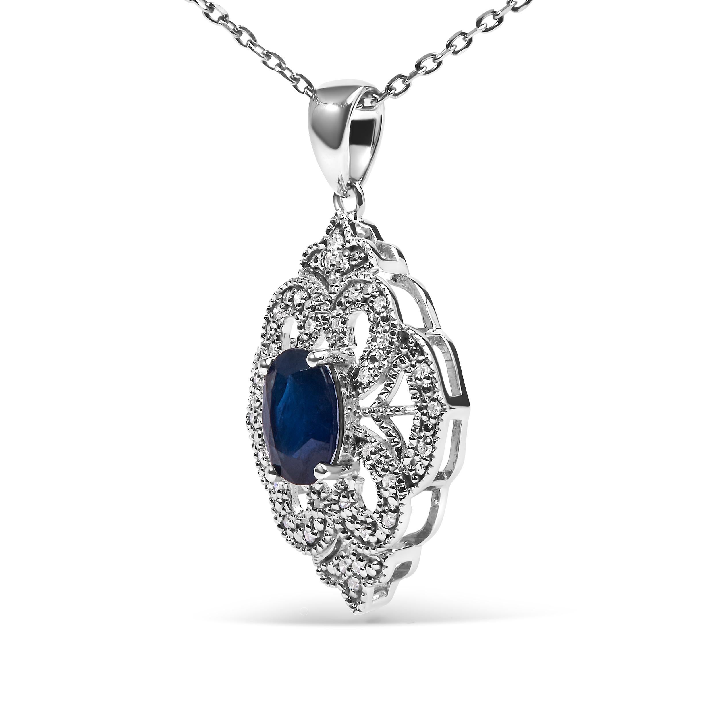 Contemporary .925 Sterling Silver Oval Blue Sapphire and Diamond Accent Pendant Necklace For Sale