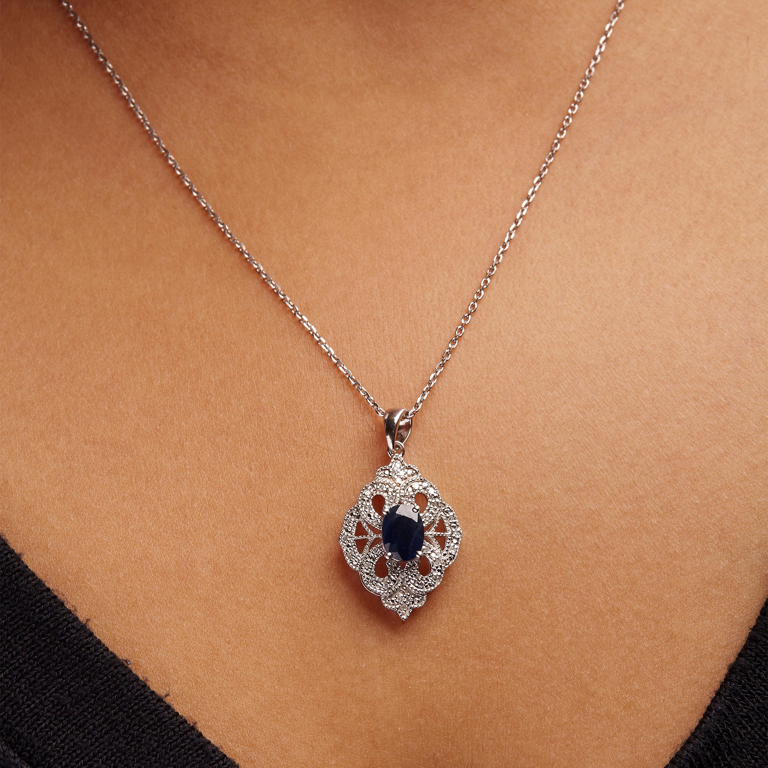 Oval Cut .925 Sterling Silver Oval Blue Sapphire and Diamond Accent Pendant Necklace For Sale