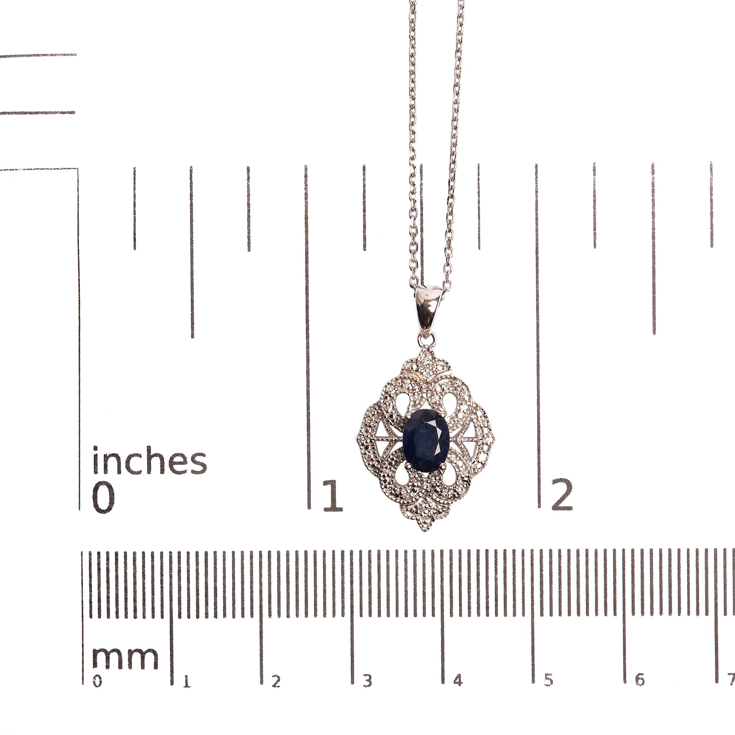 .925 Sterling Silver Oval Blue Sapphire and Diamond Accent Pendant Necklace In New Condition For Sale In New York, NY
