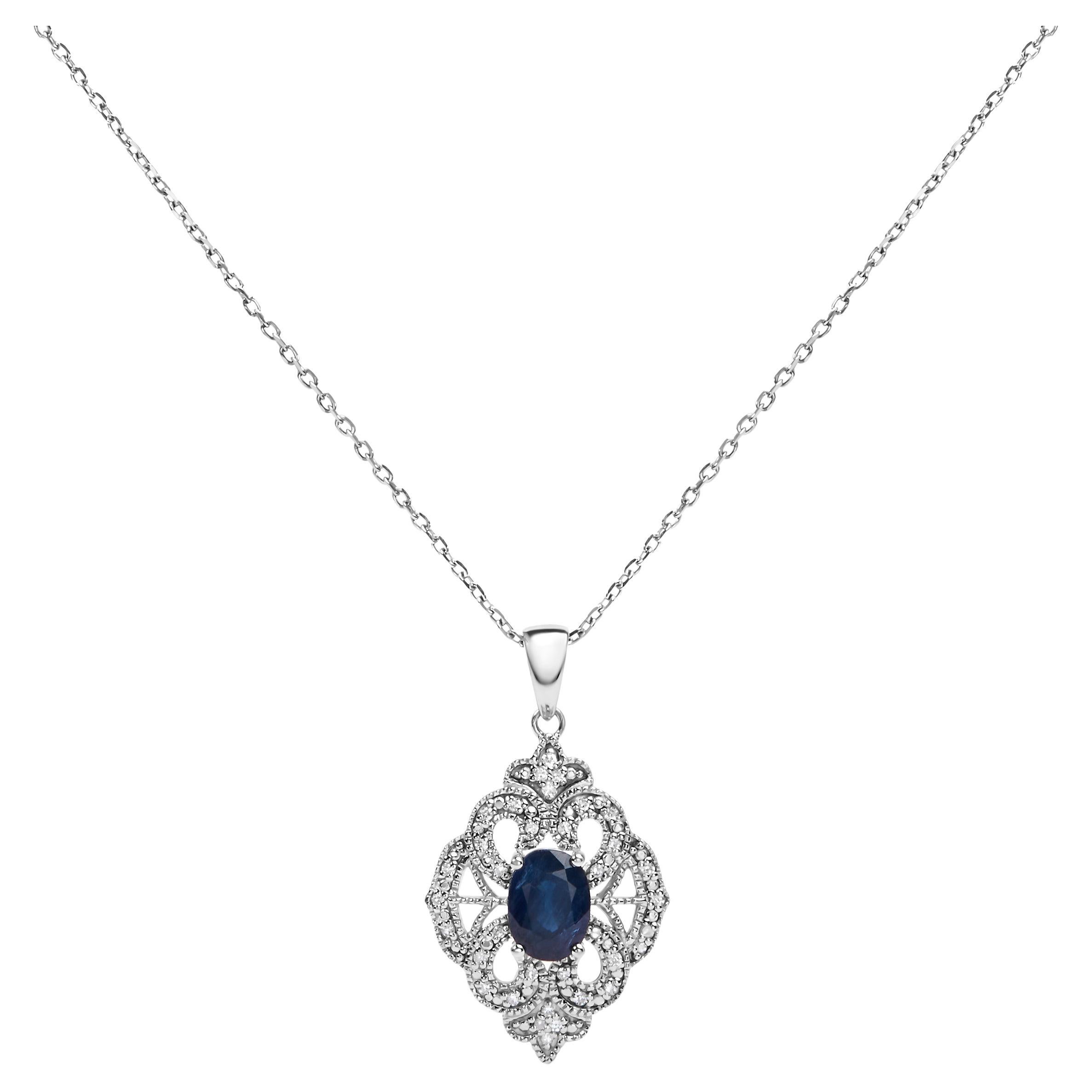 .925 Sterling Silver Oval Blue Sapphire and Diamond Accent Pendant Necklace For Sale