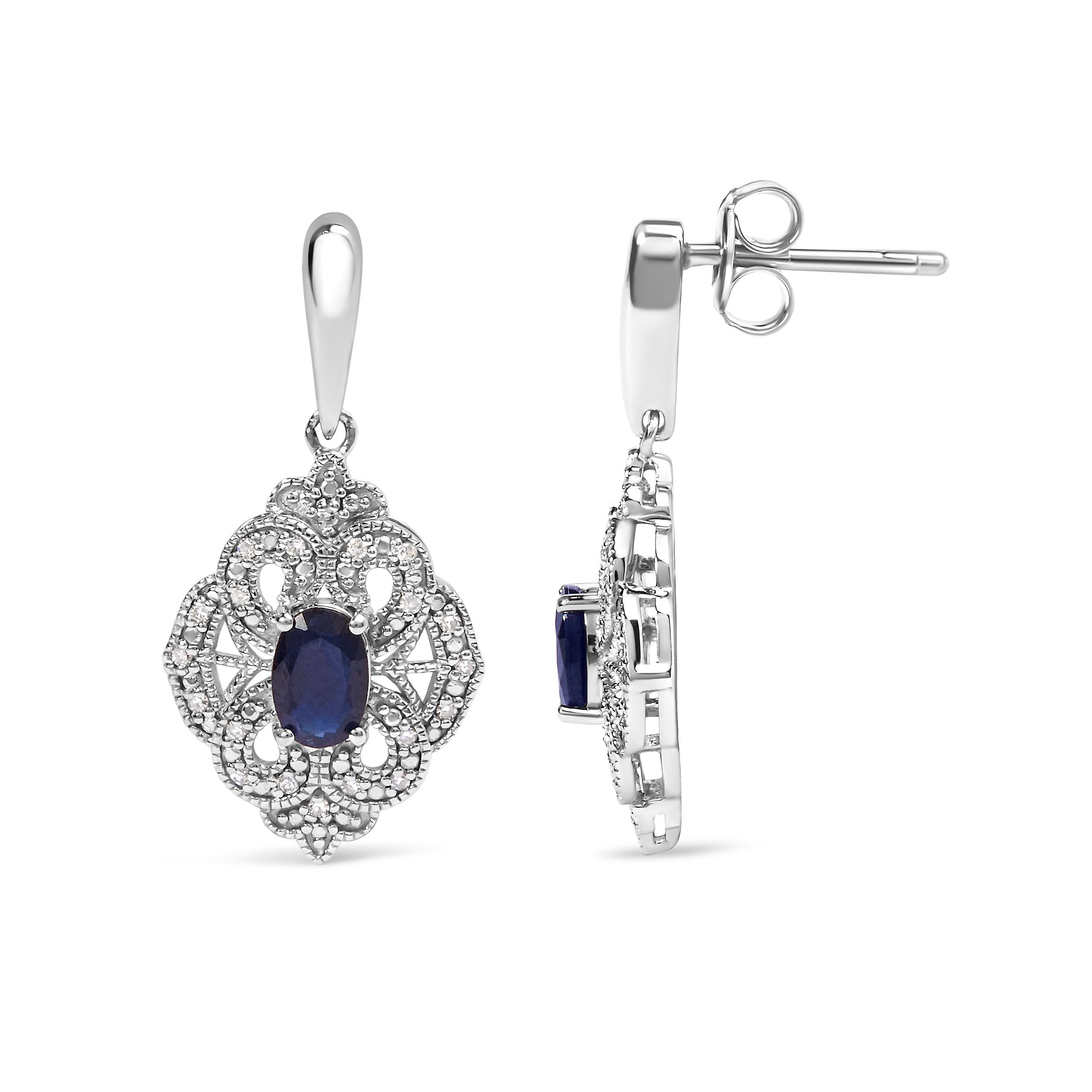 Contemporary .925 Sterling Silver Oval Blue Sapphire and White Diamond Accent Dangle Earrings For Sale