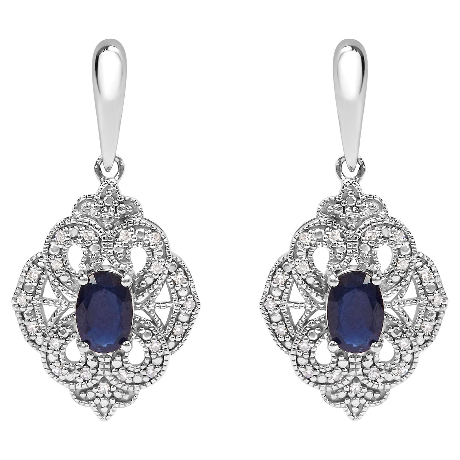 .925 Sterling Silver Oval Blue Sapphire and White Diamond Accent Dangle Earrings For Sale