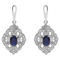 .925 Sterling Silver Oval Blue Sapphire and White Diamond Accent Dangle Earrings