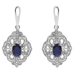 .925 Sterling Silver Oval Blue Sapphire and White Diamond Accent Dangle Earrings