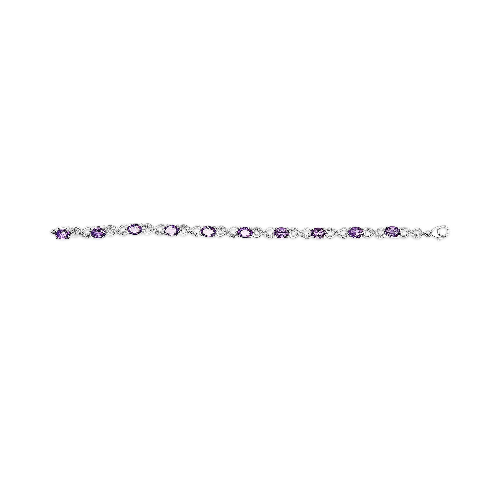 Moderne .925 Sterling Silver Oval Purple Amethyst and Diamond Infinity Link Bracelet en vente