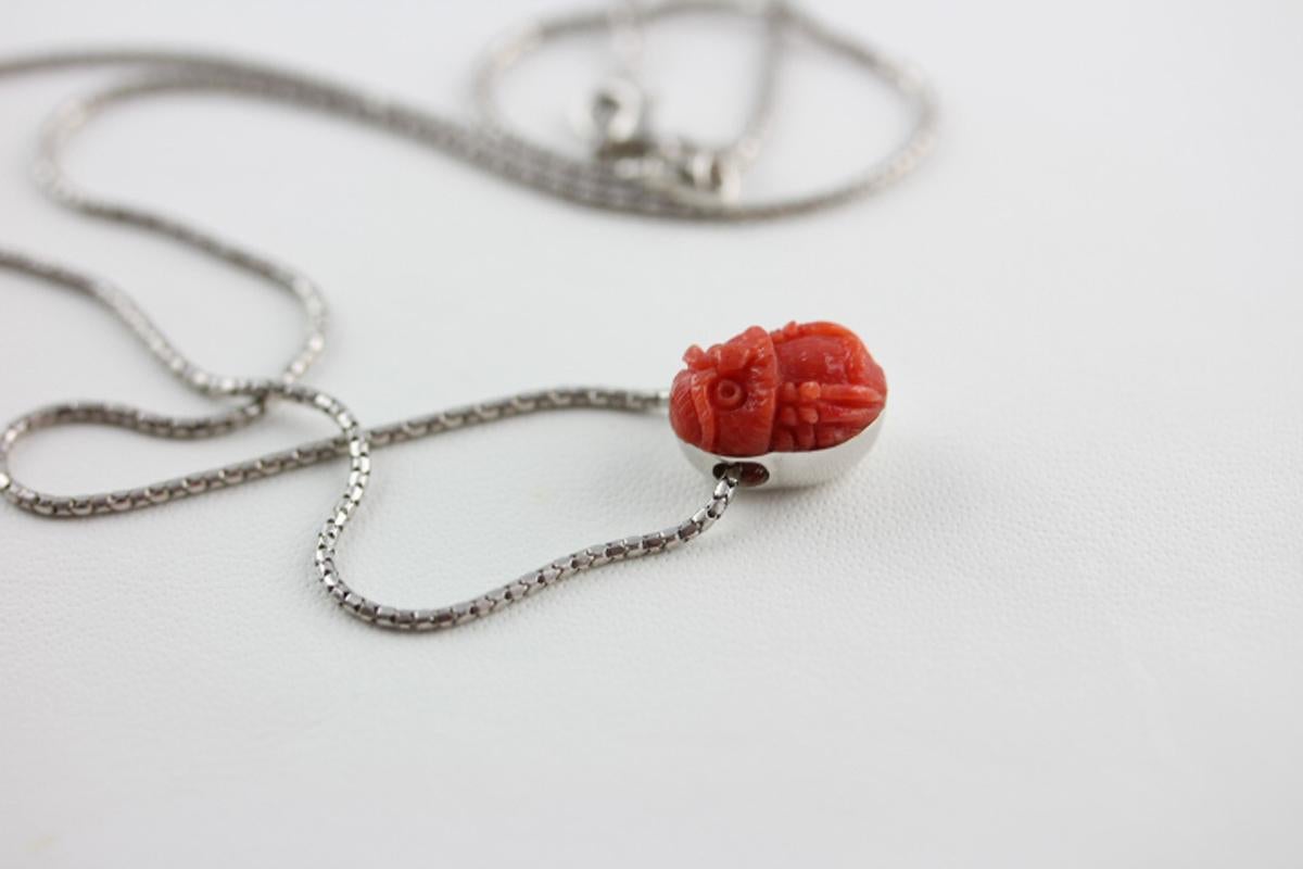 Mixed Cut 925 Sterling Silver Owl Red Mediterranean Coral Necklace  For Sale