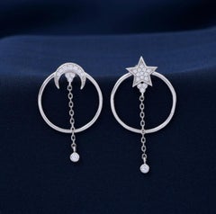 925 Sterling Silver Pave Diamond Earrings Star And Moon Shaped Pair Earrings.
