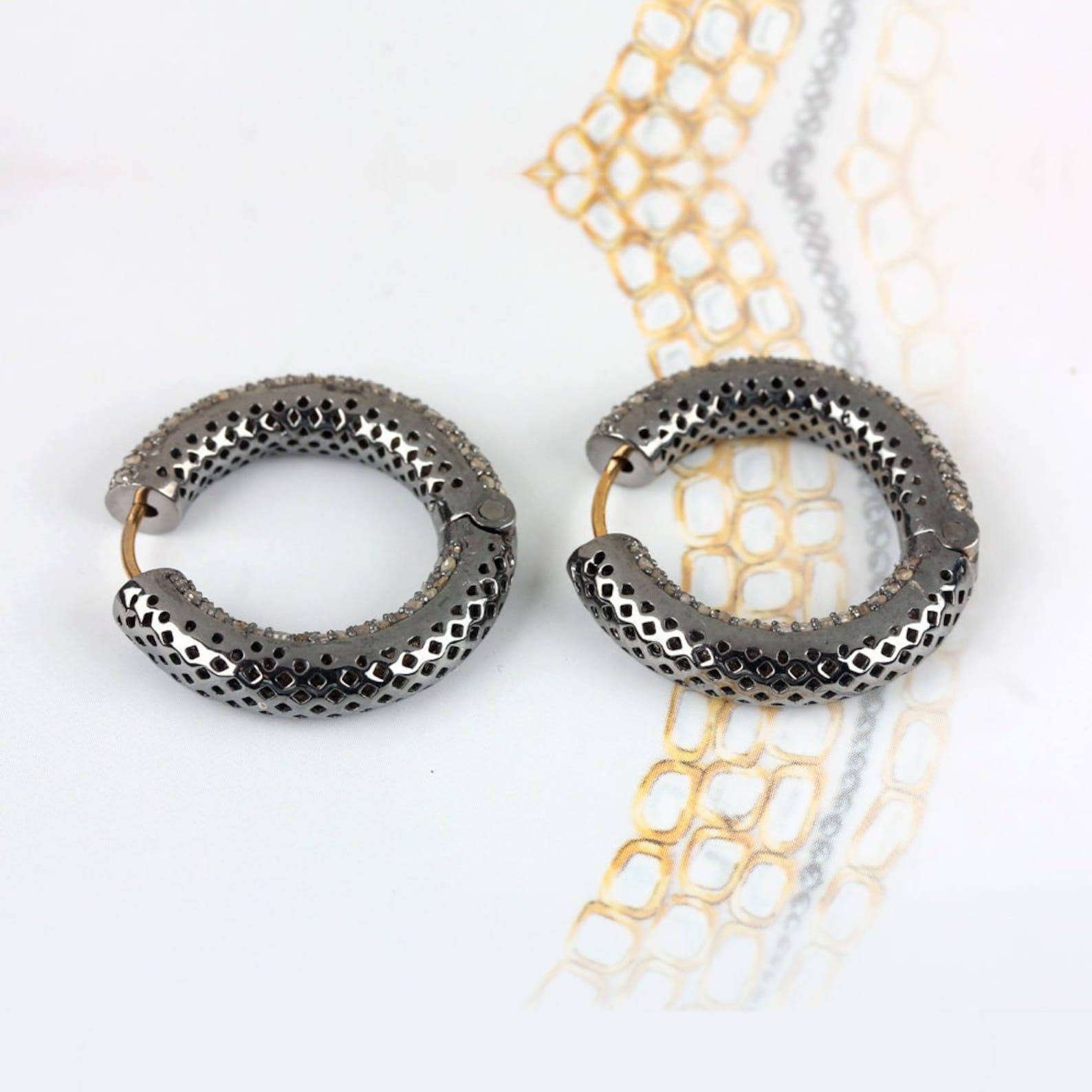 925 Sterling Silver Pave Diamond Hoop Earrings 14k Solid Gold Gift For Her. en vente 5