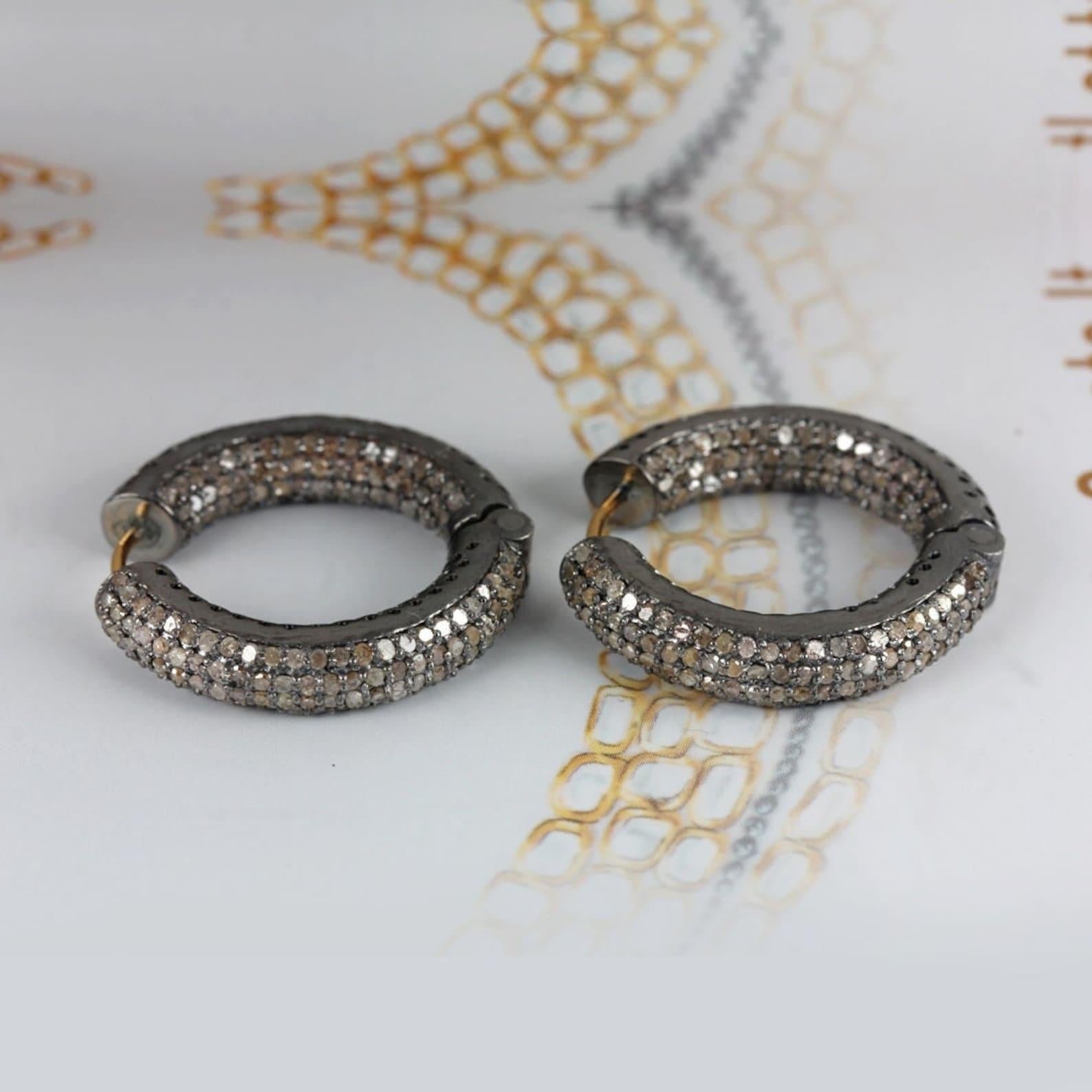 925 Sterling Silver Pave Diamond Hoop Earrings 14k Solid Gold Gift For Her. en vente 2