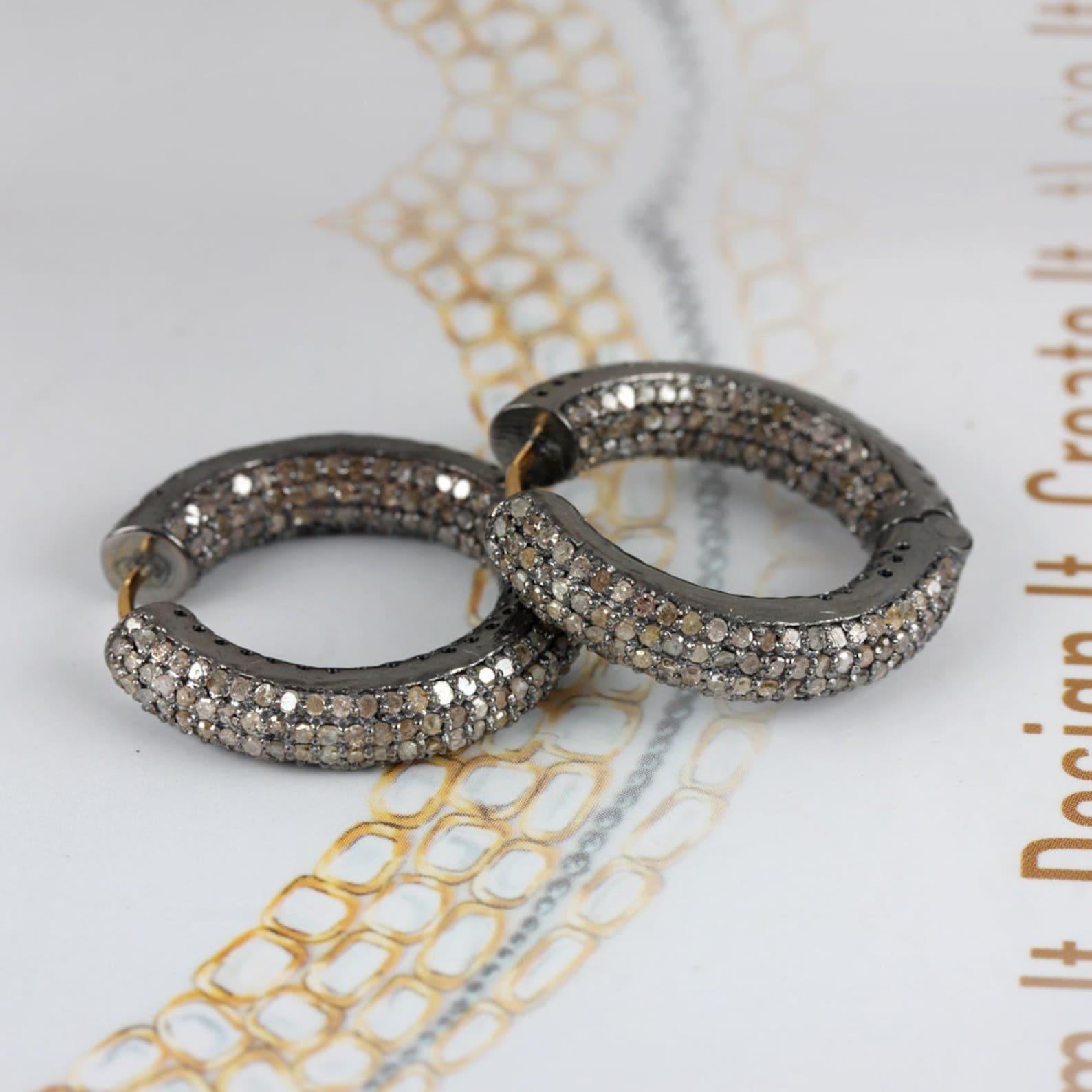 925 Sterling Silver Pave Diamond Hoop Earrings 14k Solid Gold Gift For Her. en vente 3