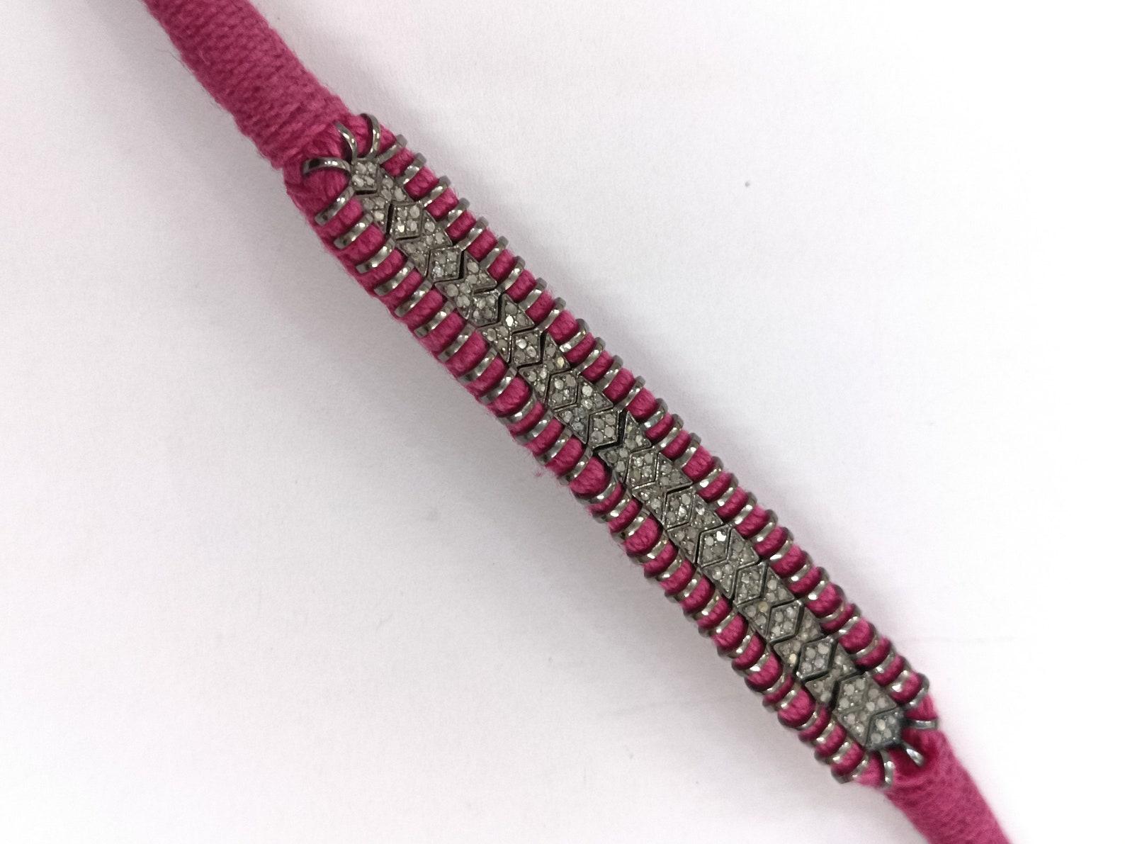 Art Déco Bracciale Macrame in argento 925 con pavé di diamantiFinitura antica Fatto a mano in vendita