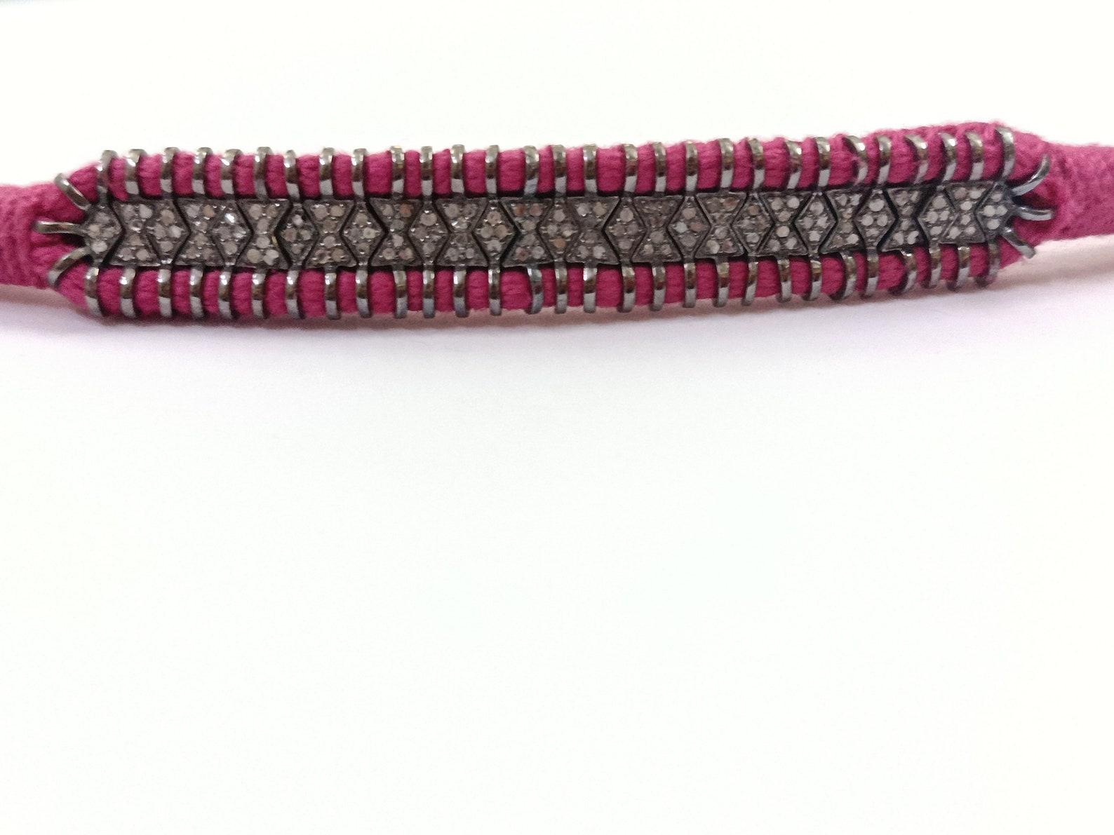 Taglio rotondo Bracciale Macrame in argento 925 con pavé di diamantiFinitura antica Fatto a mano in vendita