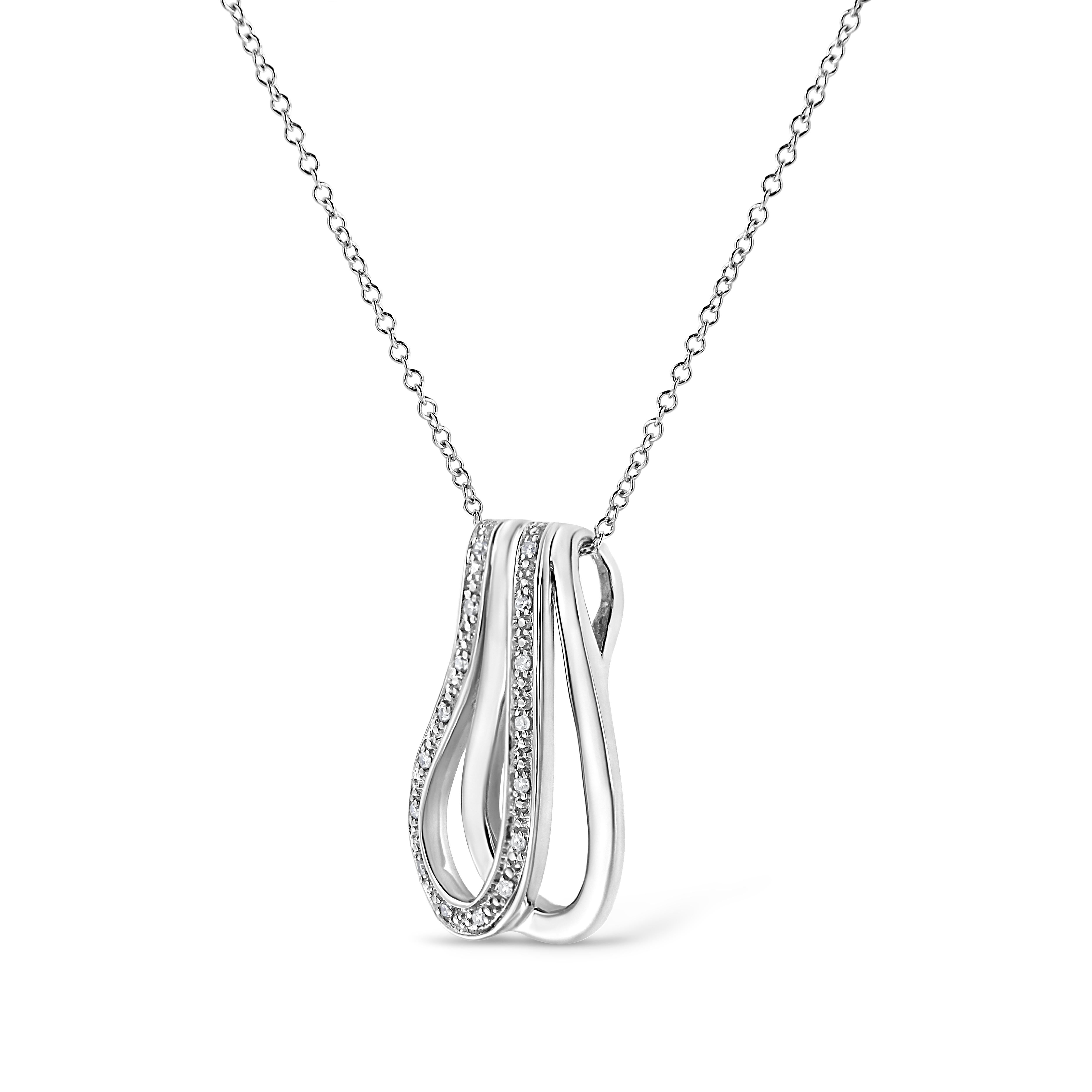 Modern .925 Sterling Silver Pave-Set Diamond Accent Double Curve Pendant Necklace For Sale