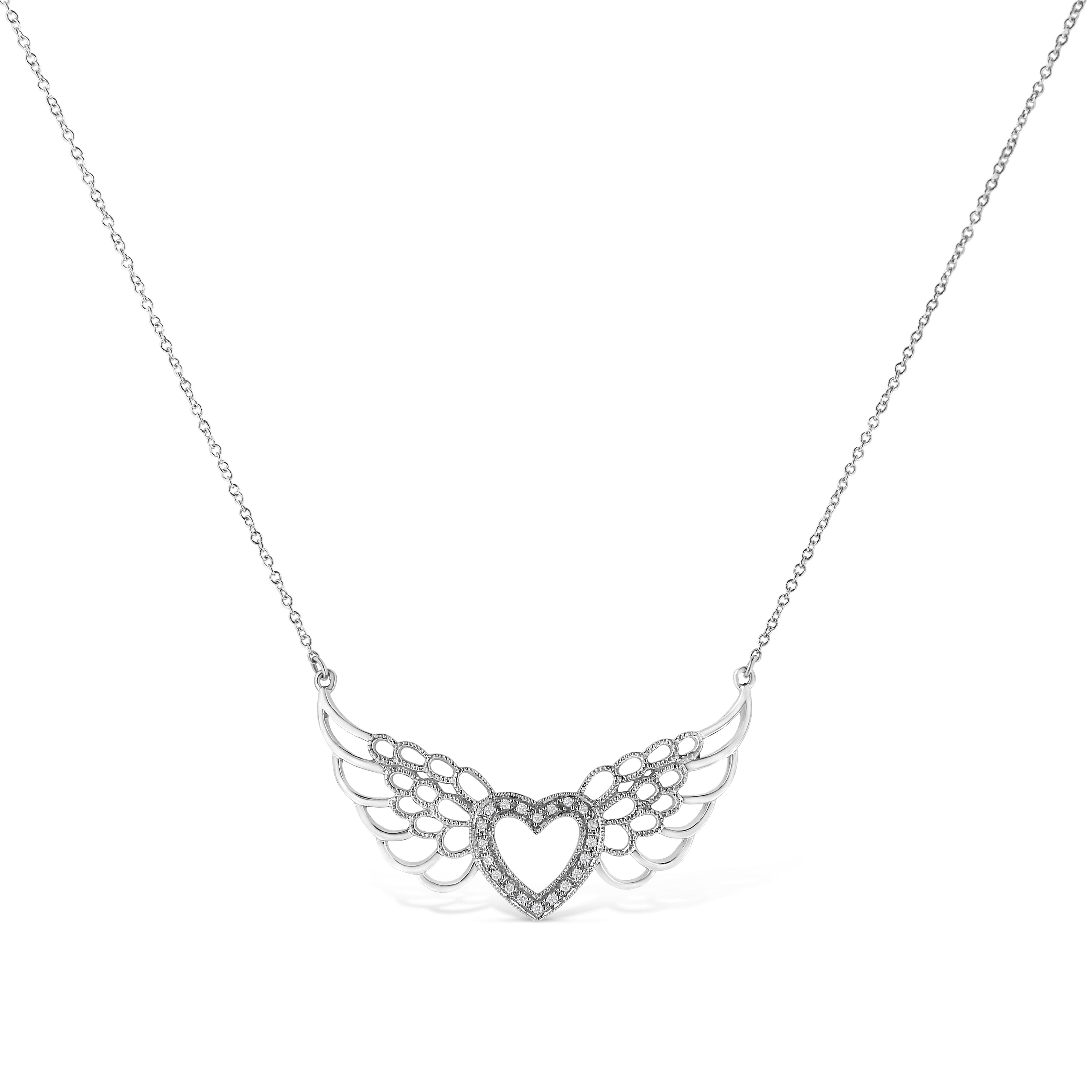 Gift this romantic and stylish diamond angel wings to your special angel. Styled on sterling silver this pendant features a glistening heart flies on brightly polished widespread angel's wings embellished with 20 pave set round cut diamonds. This