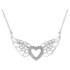 .925 Sterling Silver Pave-Set Diamond Accent Fairy Wing Heart Pendant Necklace