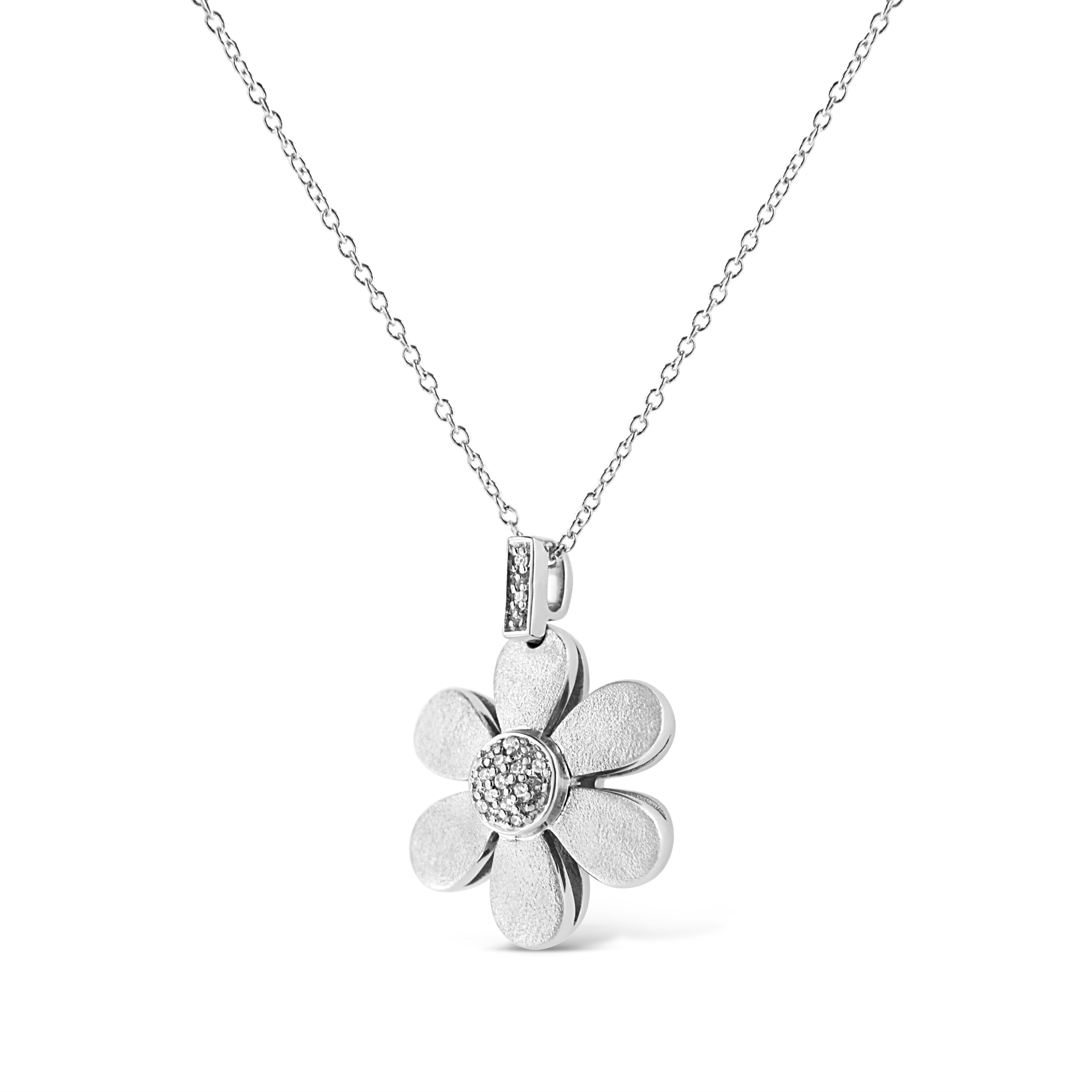 Contemporary .925 Sterling Silver Pave-Set Diamond Accent Flower Pendant Necklace