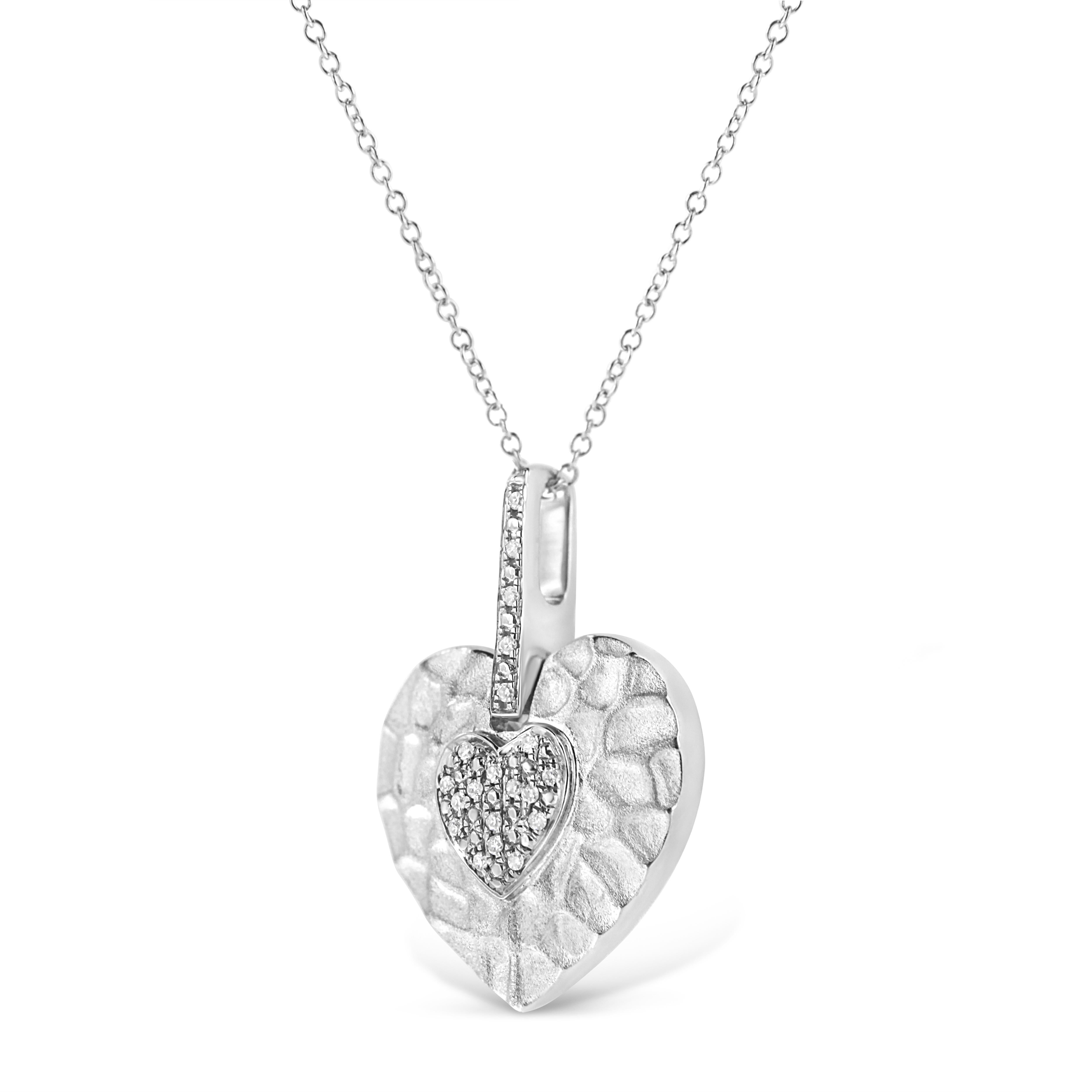 Contemporary .925 Sterling Silver Pave-Set Diamond Accent Heart Shape Pendant Necklace For Sale