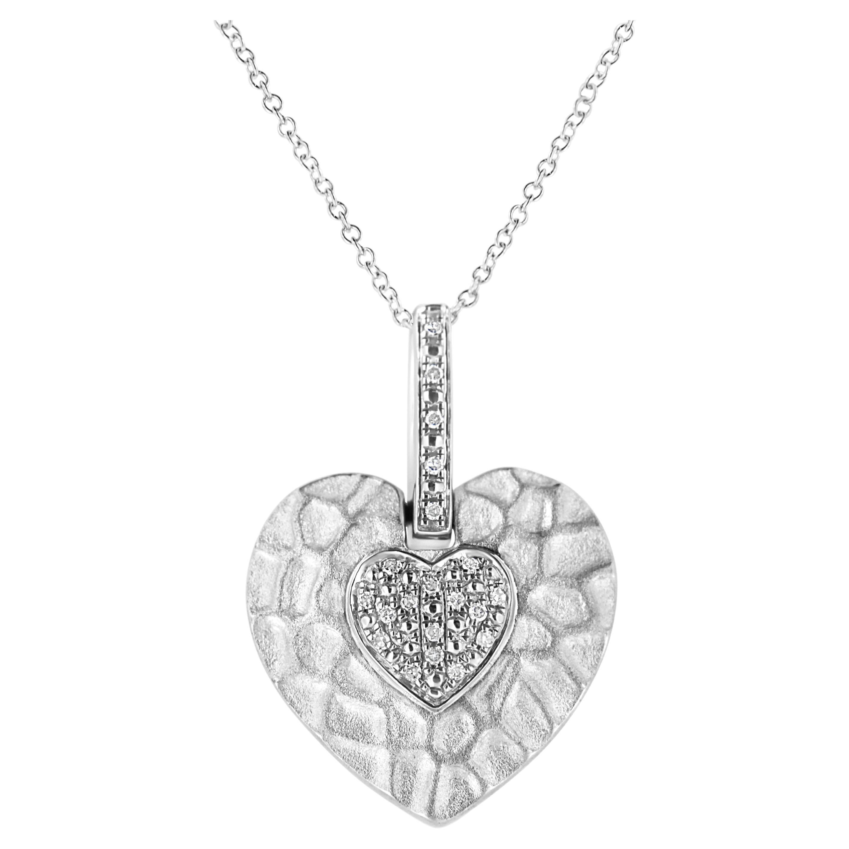 .925 Sterling Silver Pave-Set Diamond Accent Heart Shape Pendant Necklace For Sale