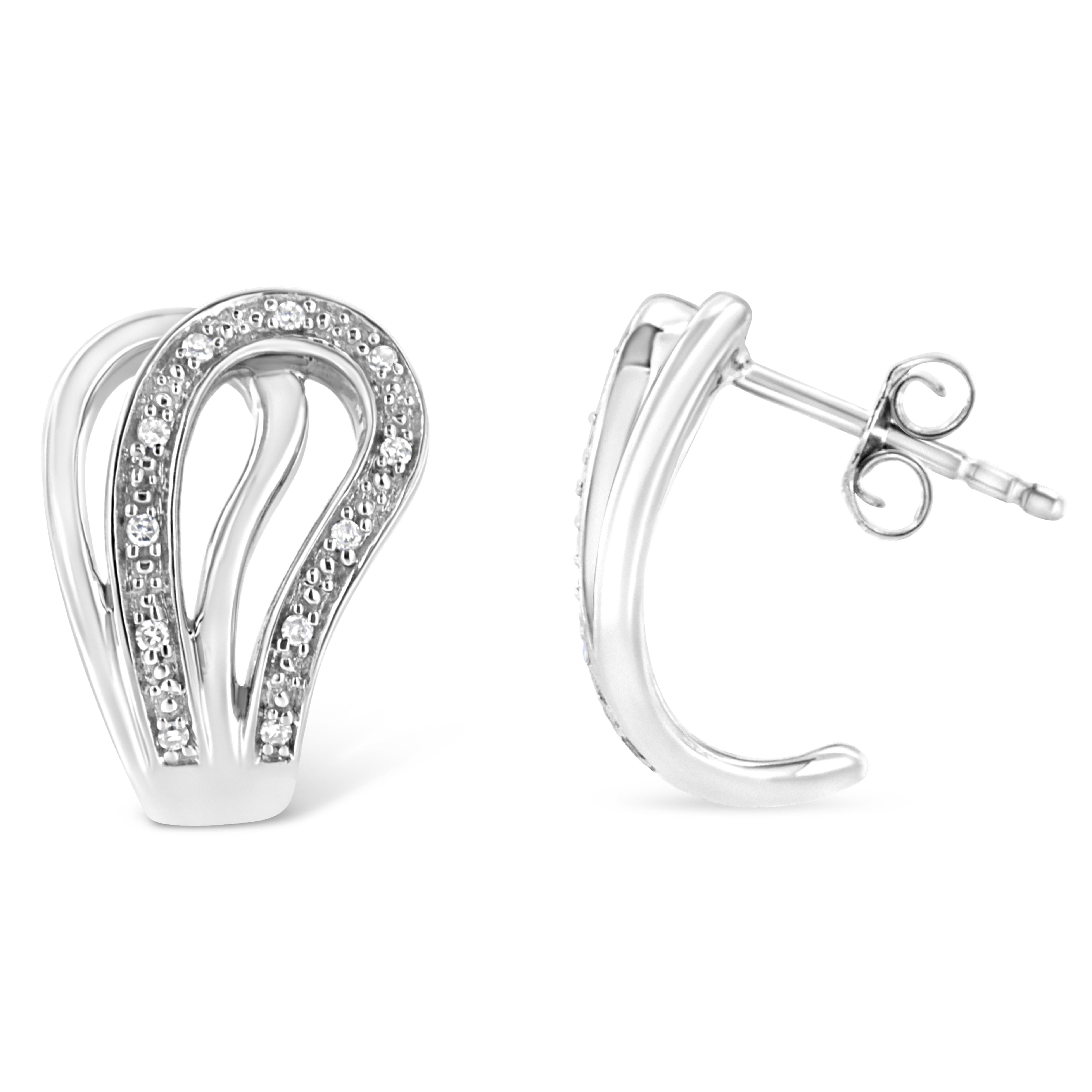 Make her stand out with these unique horseshoe diamond earrings. Fashioned in lustrous sterling silver these intricately designed earrings showcases two curved lines, one smooth sterling silver and the other sterling silver studded with 22 pave set