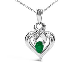 .925 Sterling Silver Pear Emerald and Diamond Accent Heart Pendant Necklace