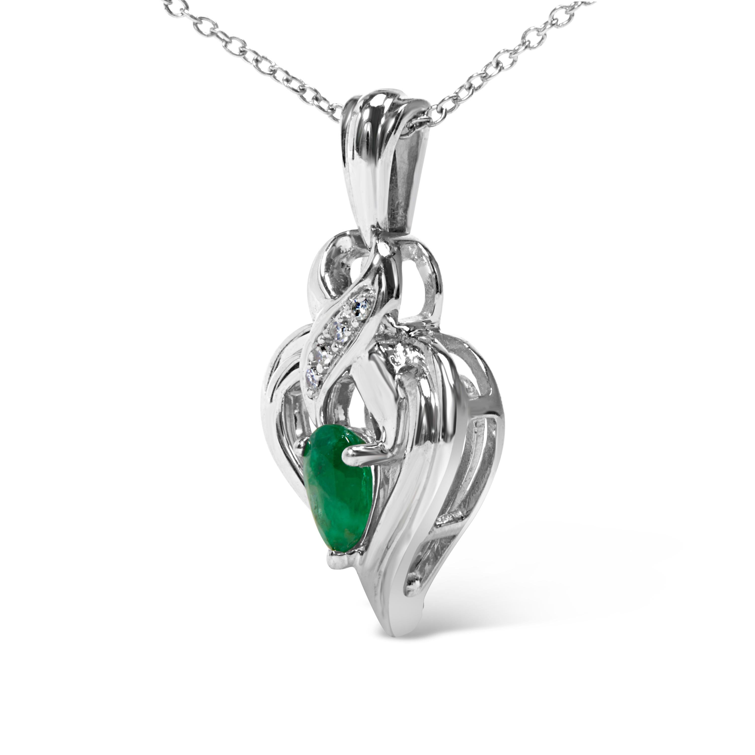 Contemporary .925 Sterling Silver Pear Emerald and Diamond Accent Heart Pendant Necklace For Sale