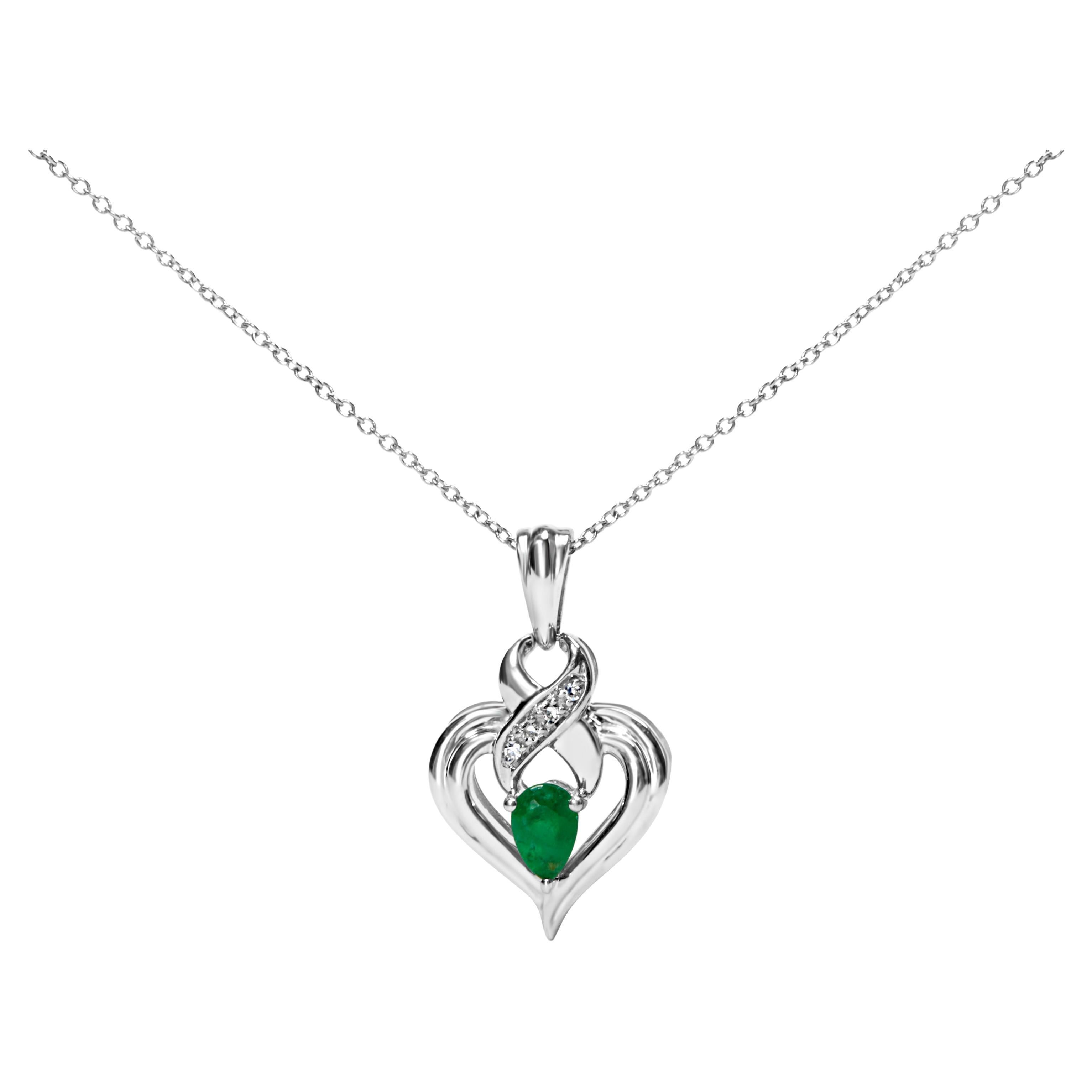 .925 Sterling Silver Pear Emerald and Diamond Accent Heart Pendant Necklace For Sale