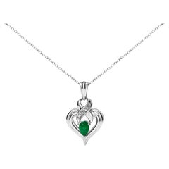 .925 Sterling Silver Pear Emerald and Diamond Accent Heart Pendant Necklace