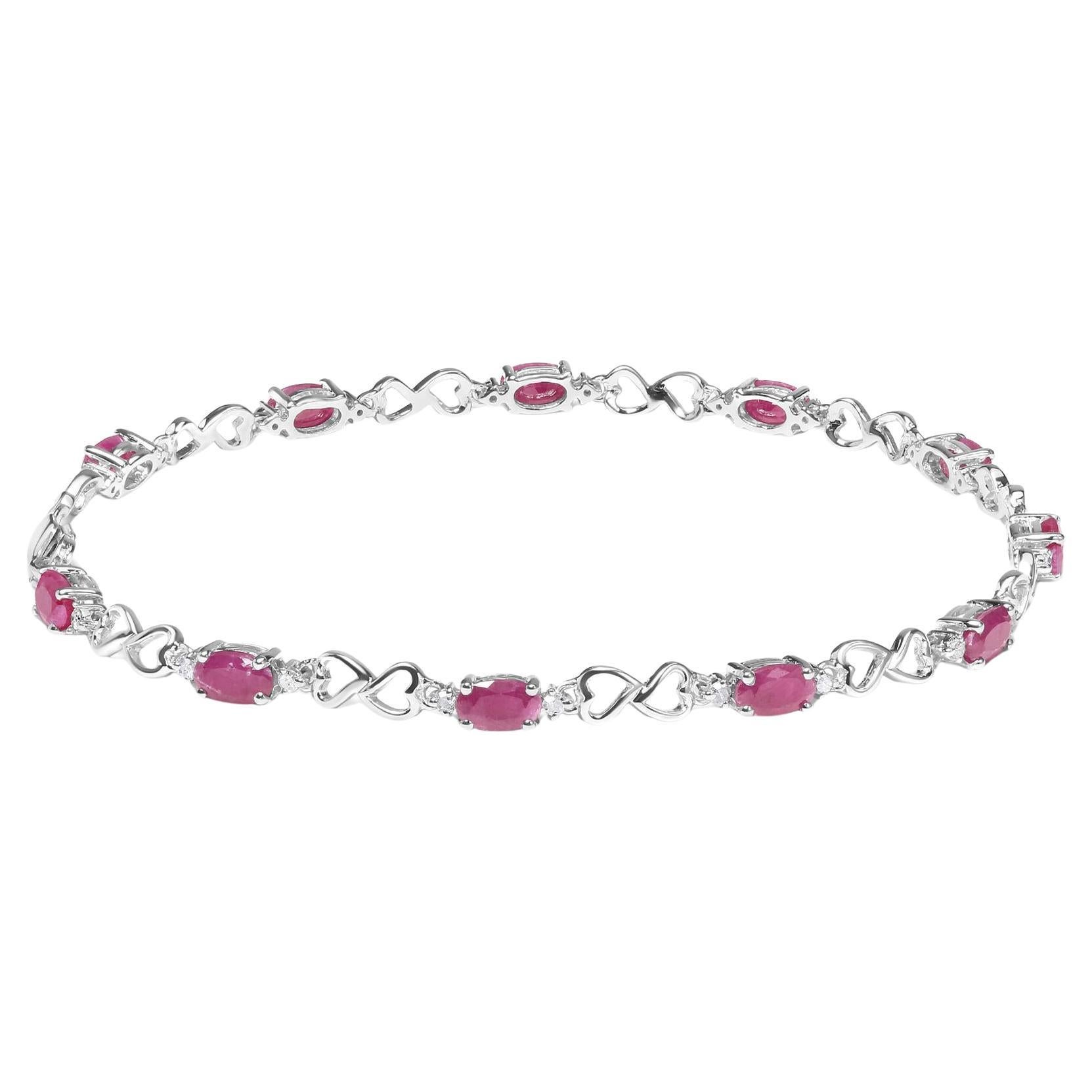 Pulsera de eslabones de plata de ley .925 con forma ovalada de rubí rosa y 1/4 qt de diamante