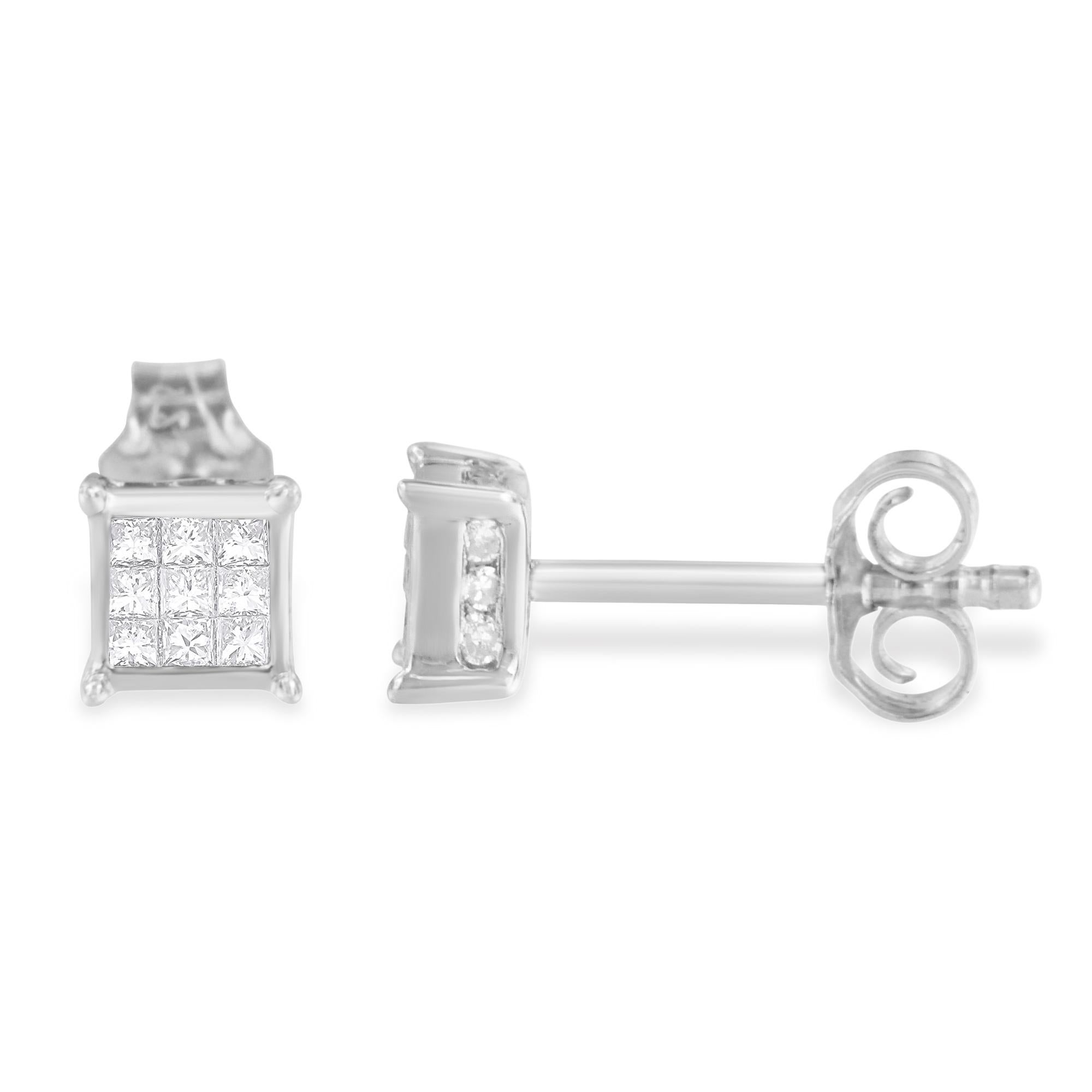 Capturing the brilliance, these square framed stud earrings are composed of precious sterling silver. Designed with extreme elegance, the earrings have the adornment of princess cut diamonds that are fixed in an invisible setting. Subtle yet